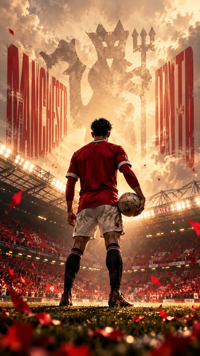 スタジアムのピッチに立ち、サッカーボールを持っている赤いManchester Unitedのユニフォームを着たサッカー選手。上部には大きなエンブレムのシルエットがある。