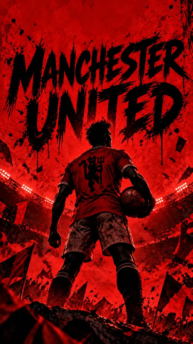 لاعب كرة قدم من الخلف يرتدي قميص Manchester United الأحمر يقف في ملعب مع خلفية ذات تأثير بقع حبر حمراء.
