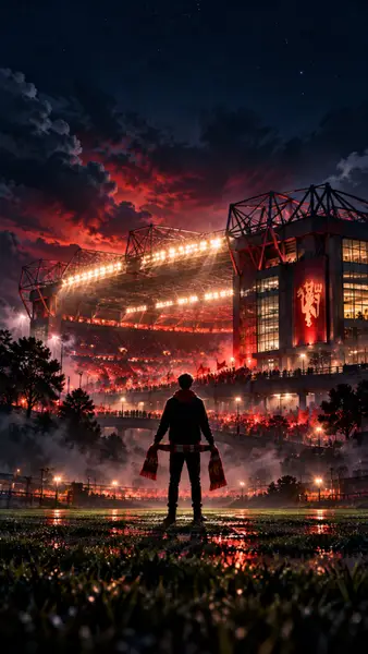 어두운 경기장에 서서 붉은 조명과 Manchester United 로고가 있는 밝게 빛나는 축구 경기장을 바라보는 사람.