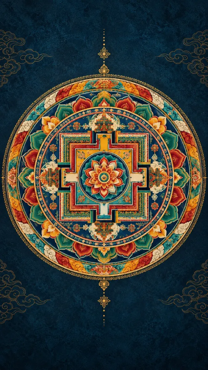 Desain mandala simetris dengan bunga lotus di tengah yang dikelilingi oleh pola geometris berwarna oranye, hijau, dan emas dengan latar belakang biru.