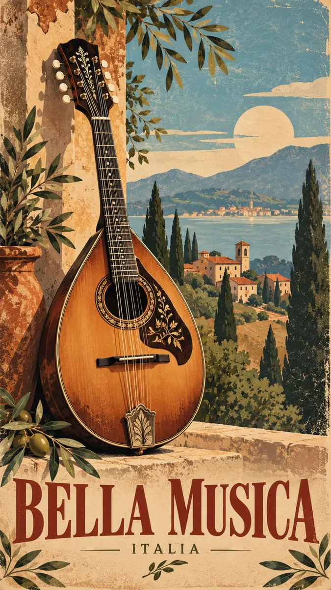 Mandolin kayu bersandar di dinding batu dengan cabang zaitun, menghadap ke pemandangan Italia yang indah dengan danau dan bangunan di kejauhan.