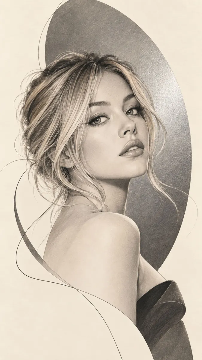 Yumuşak sarı saçlı ve nötr arka planlı, omzunun üzerinden bakan aktris Margot Robbie'nin kurşun kalem eskiz tarzı portresi.