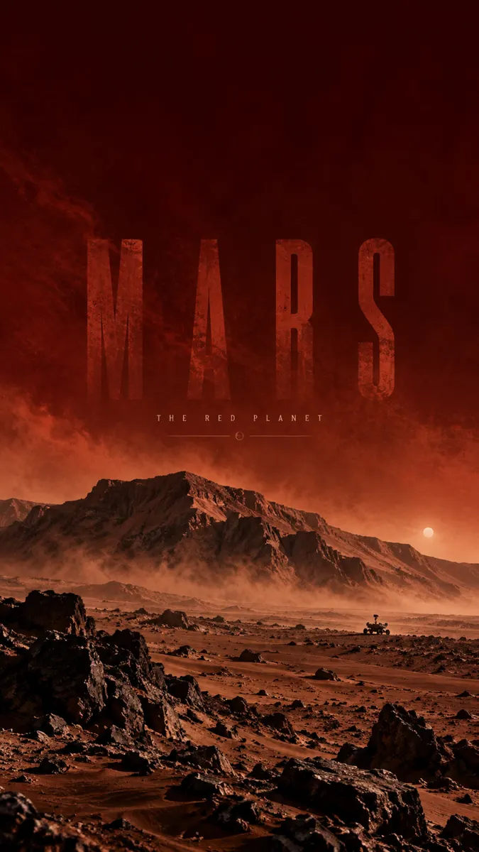 Un paysage martien rocheux avec de la poussière rouge, un petit rover au loin et le mot MARS écrit dans le ciel.