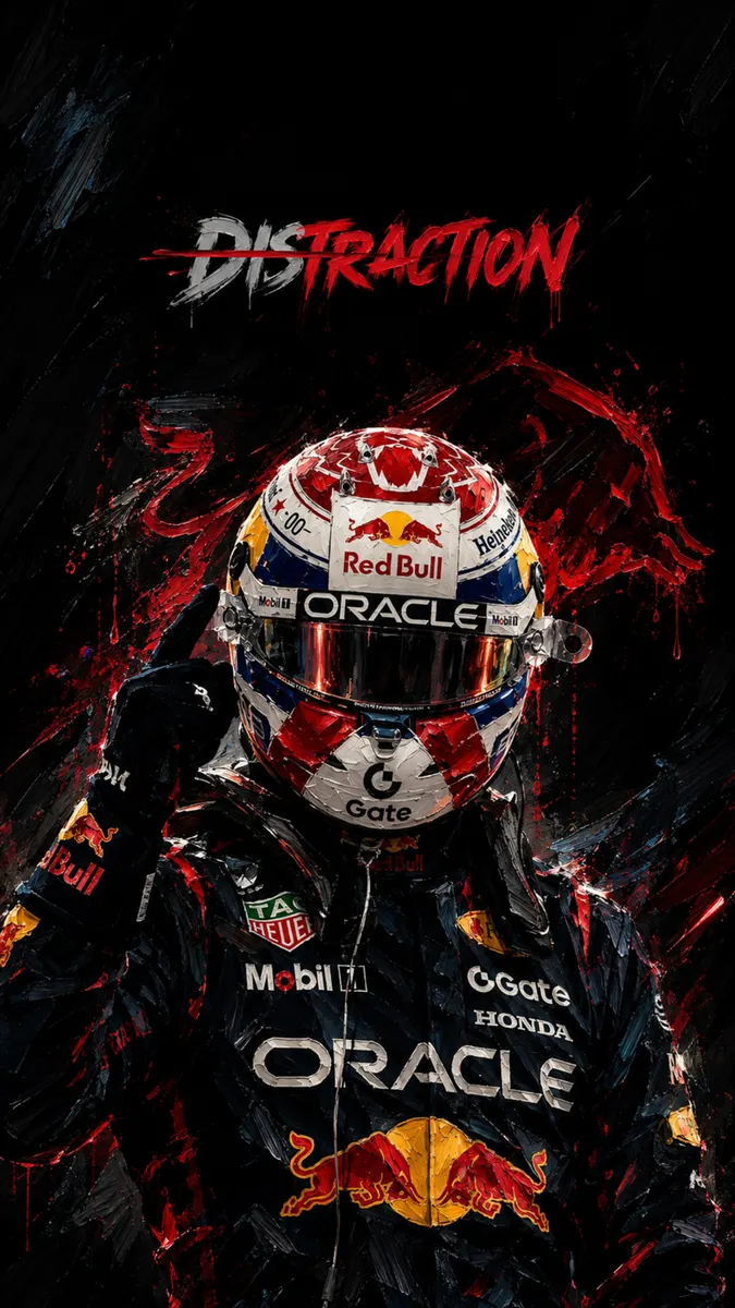 Max Verstappen indossa un casco da corsa e la tuta del team con schizzi di vernice rossa su uno sfondo nero