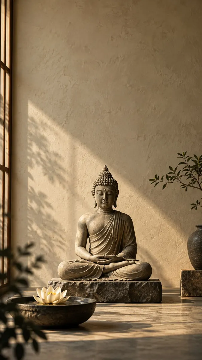 Una statua di pietra di Buddha seduta in meditazione su un piedistallo con un piccolo fiore di loto in una ciotola nelle vicinanze.