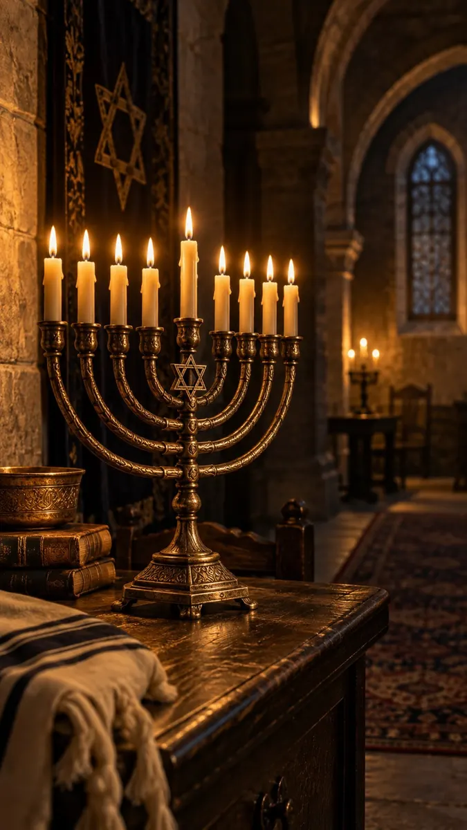 Una menorah dorata a nove bracci con candele accese su un tavolo di legno all'interno di una stanza di pietra con un arazzo della Stella di David.