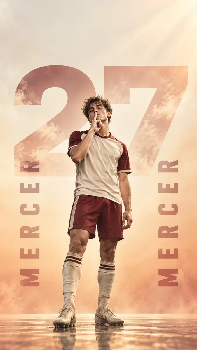 Un calciatore con la maglia del Mercer bordeaux e bianca numero 27 in piedi che fa un gesto di silenzio con il dito.