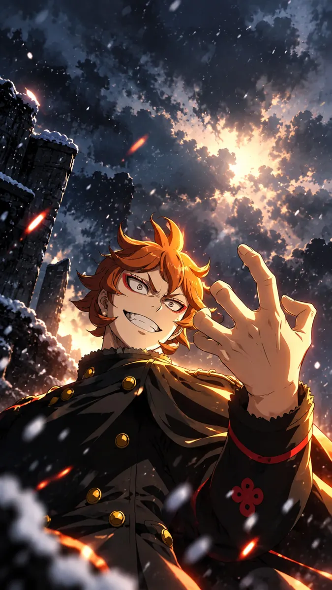 Mereoleona Vermillion che tende la mano indossando un'uniforme scura con bottoni dorati in una scena anime innevata.