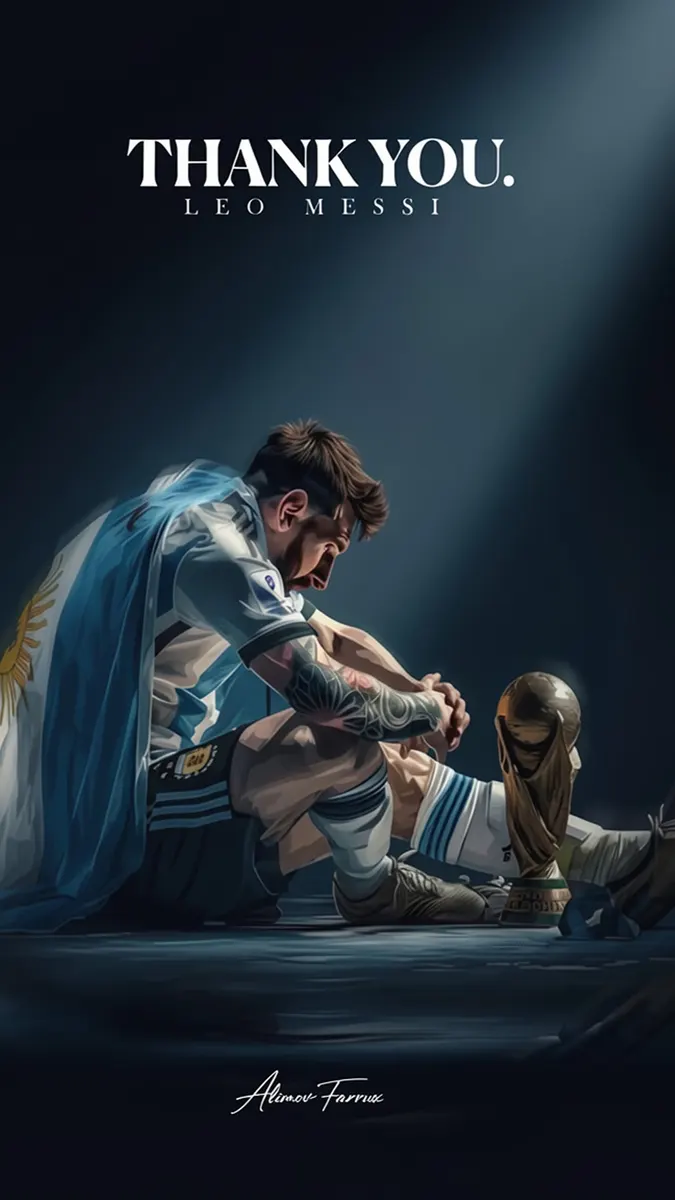 Lionel Messi sentado no chão vestindo uma camisa e bandeira da Argentina com o troféu da Copa do Mundo à sua frente.