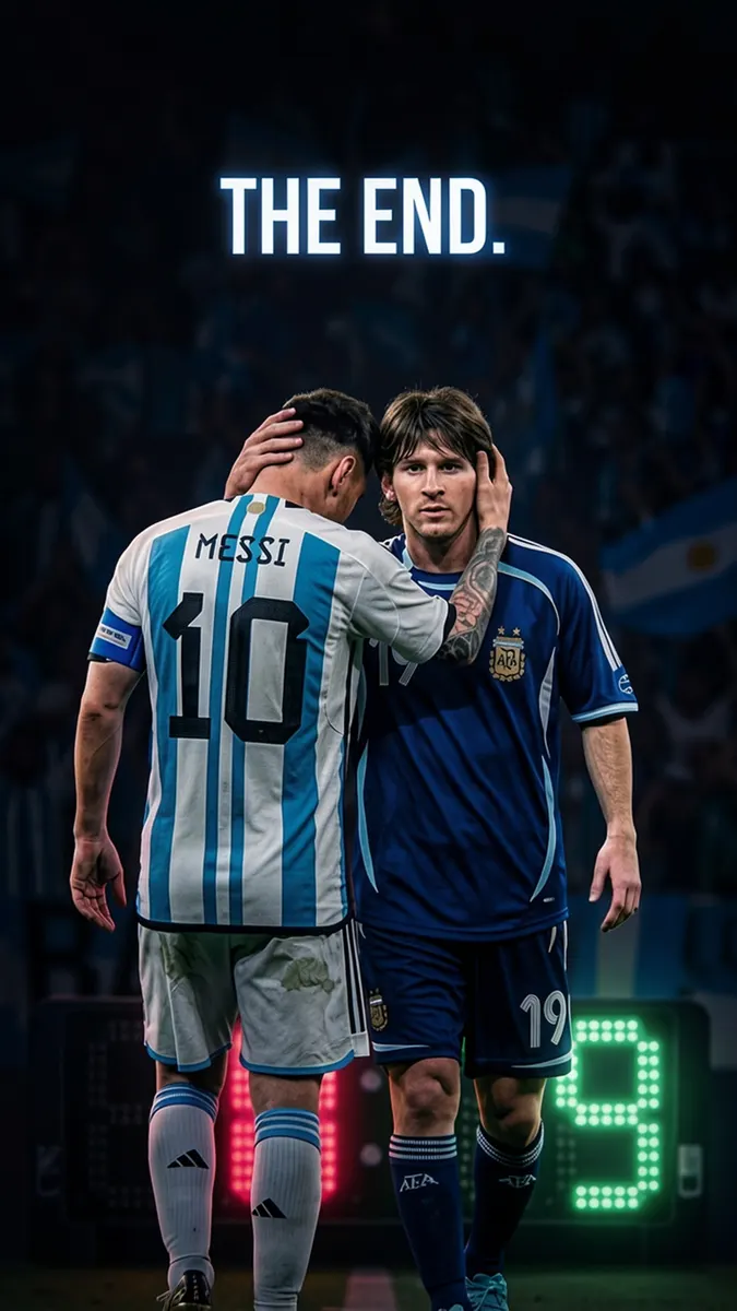 Lionel Messi a usar a sua camisola número 10 da Argentina de costas para a câmara, colocando uma mão no ombro de um Messi mais jovem.