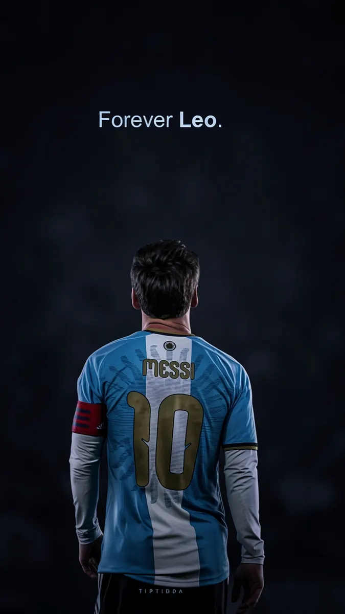 ليونيل ميسي يظهر من الخلف وهو يرتدي قميص الأرجنتين باللونين الأزرق الفاتح والأبيض مع الرقم 10 على ظهره.