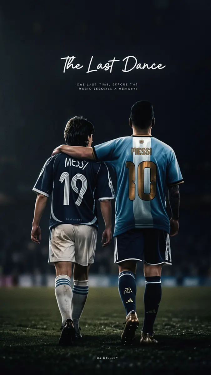 Lionel Messi vistiendo su camiseta número 19 con su brazo alrededor de sí mismo vistiendo su camiseta de Argentina número 10 en un campo oscuro.