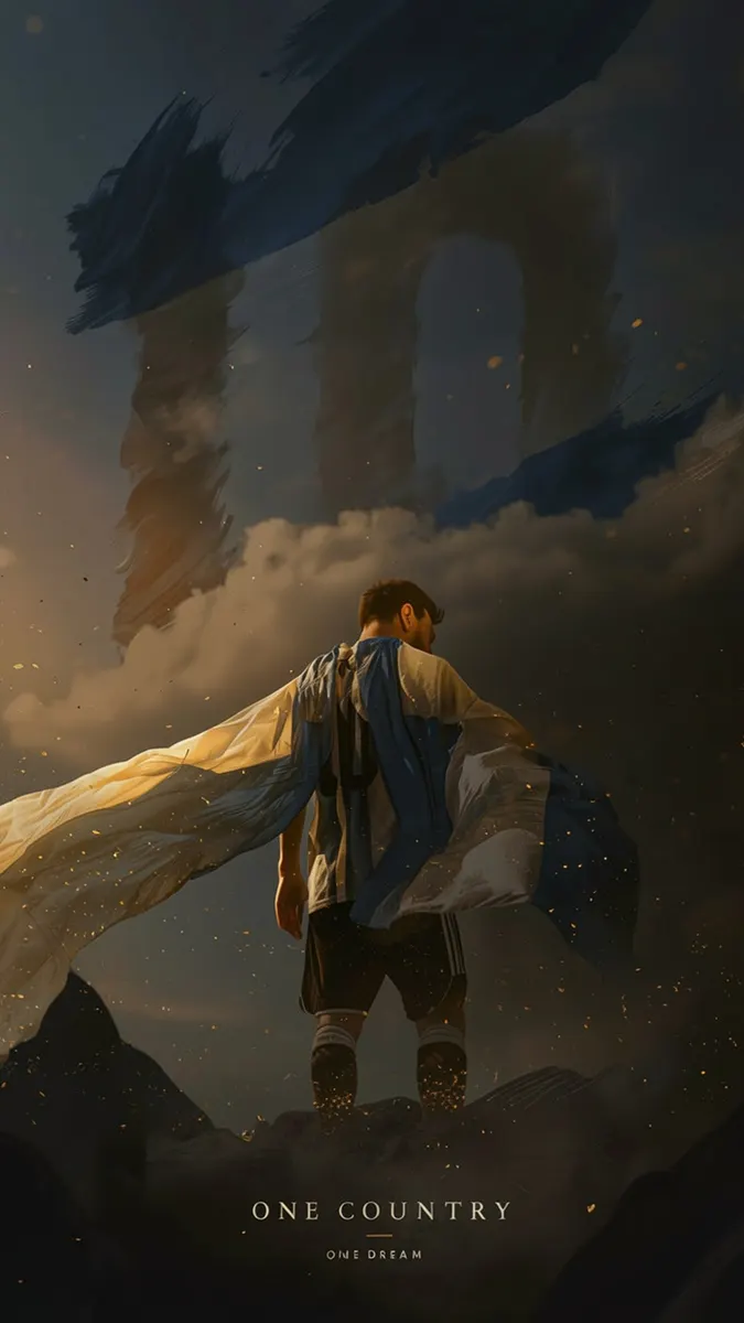 Lionel Messi visto desde atrás con la camiseta y la bandera de Argentina, de pie ante un gran número 10 en el cielo.
