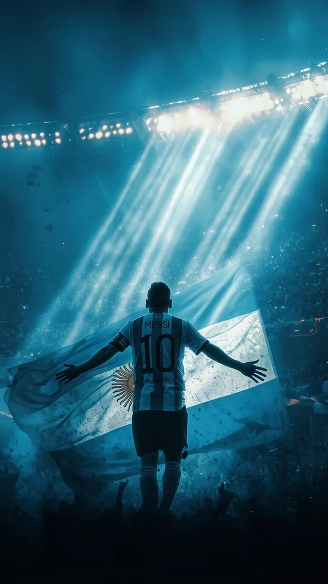 Lionel Messi seen from behind wearing an Argentina number 10 jersey with arms wide open holding a large flag in a stadium.