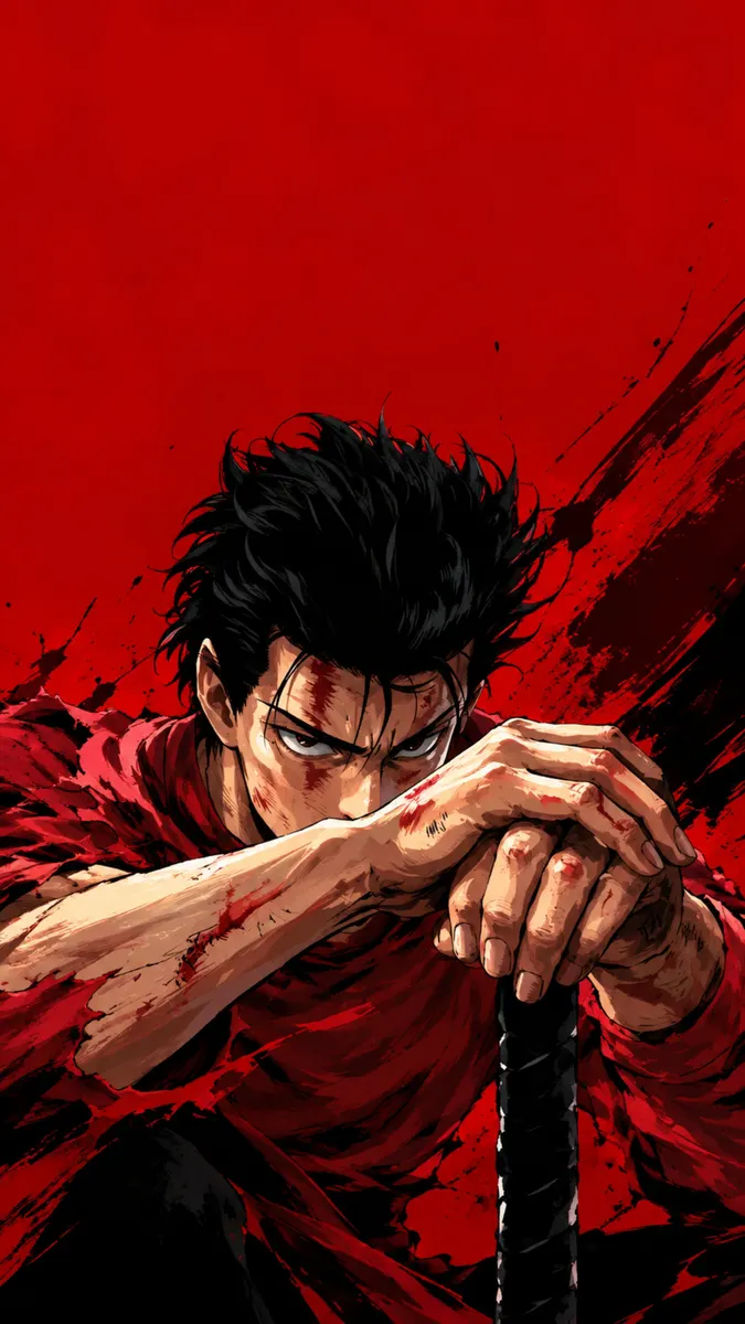 One Punch Man'den dağınık saçlı ve yüzünde kan olan, ellerini sopasına dayamış Metal Bat