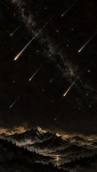 Pemandangan malam yang menunjukkan hujan meteor melintasi langit gelap di atas puncak gunung bersiluet dan danau yang memantulkan cahaya.