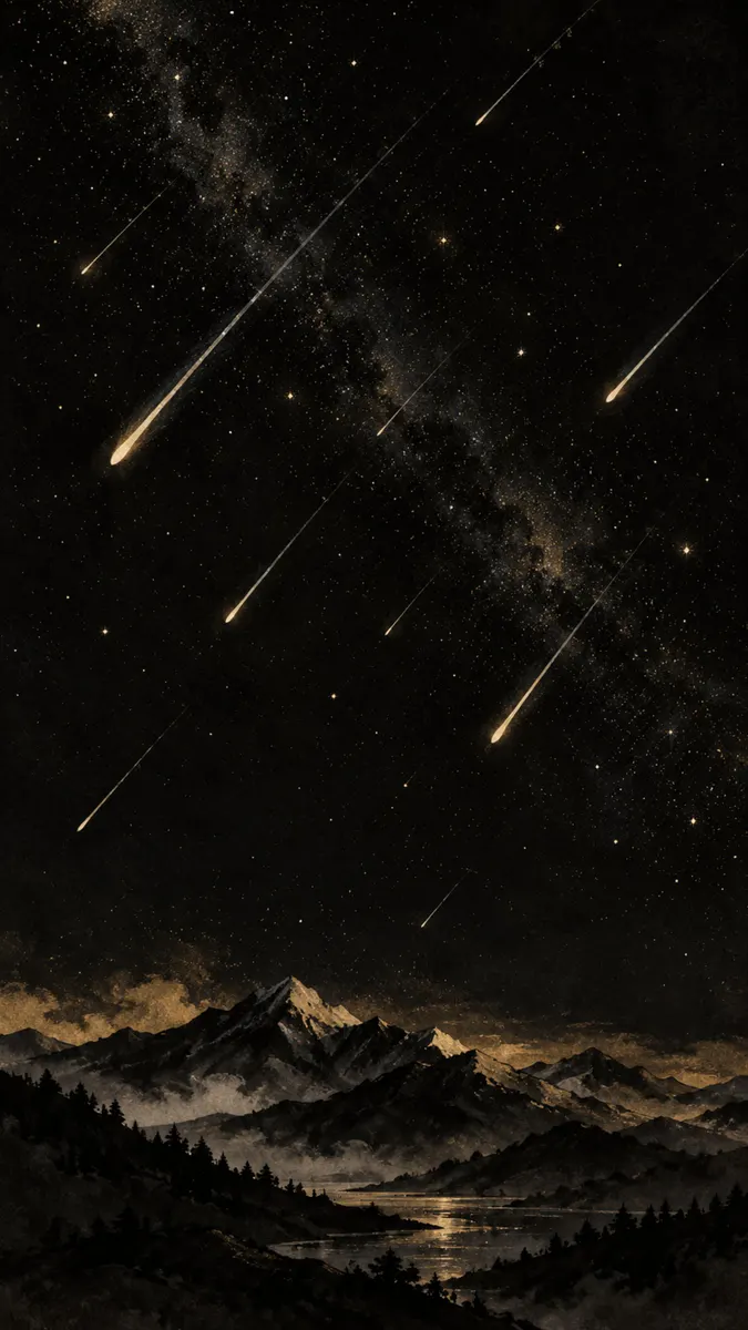 Une scène nocturne montrant une pluie de météores traversant un ciel sombre au-dessus de sommets montagneux en silhouette et d'un lac réfléchissant.