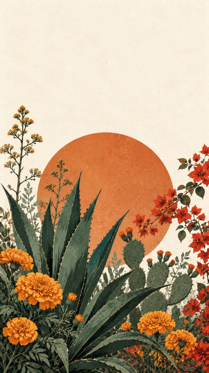 Uma ilustração artística de flores de calêndula laranja, agave verde e um cacto figo-da-índia com um grande sol laranja ao fundo.