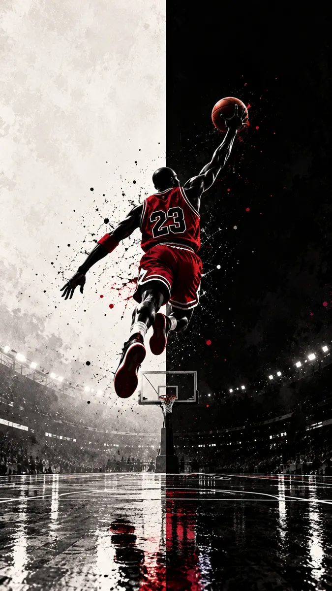 Michael Jordan avec un maillot rouge numéro 23 sautant pour un dunk de basket sur un fond divisé en noir et blanc.
