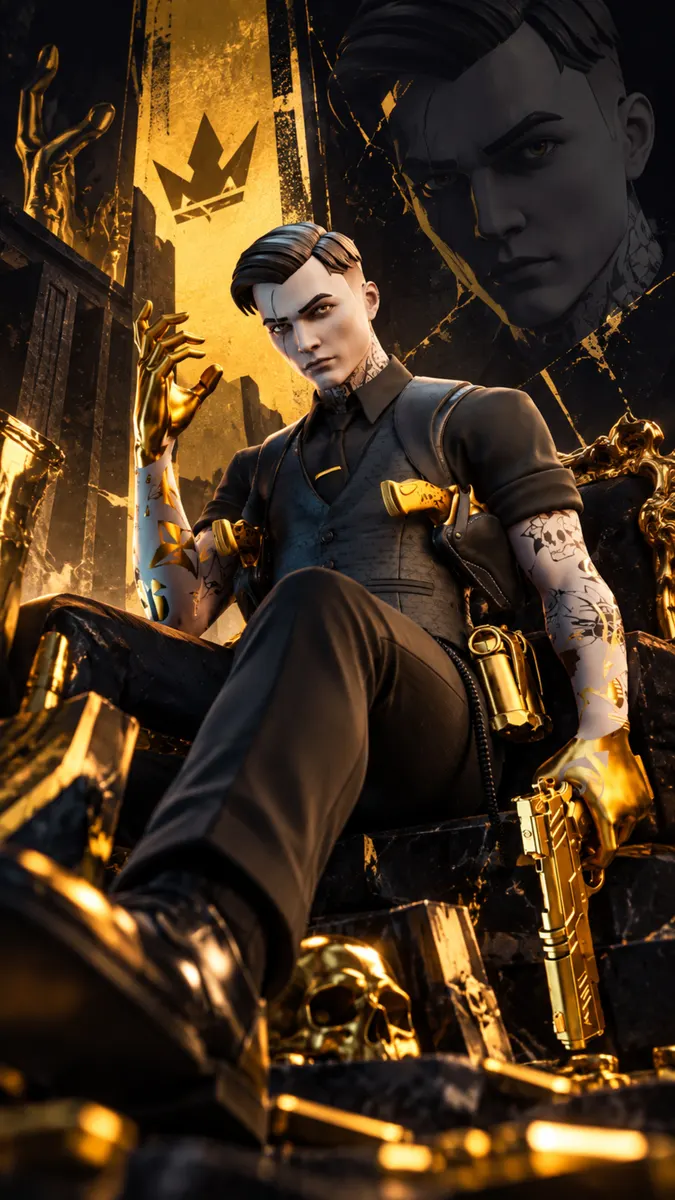 Fortnite'tan Midas, kollarında dövmeler ve altın ellerle altın bir tabanca tutarak karanlık bir tahtta oturuyor.