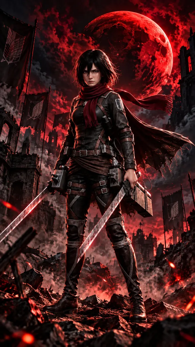 Mikasa Ackerman تقف بنصلين في مدينة مظلمة مدمرة مع قمر أحمر في الخلفية