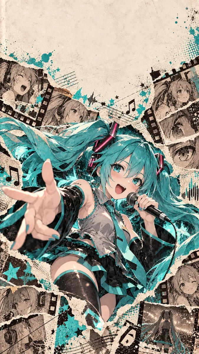 Hatsune Miku with teal twin tails singing into a microphone surrounded by film strip cutouts and musical symbols.