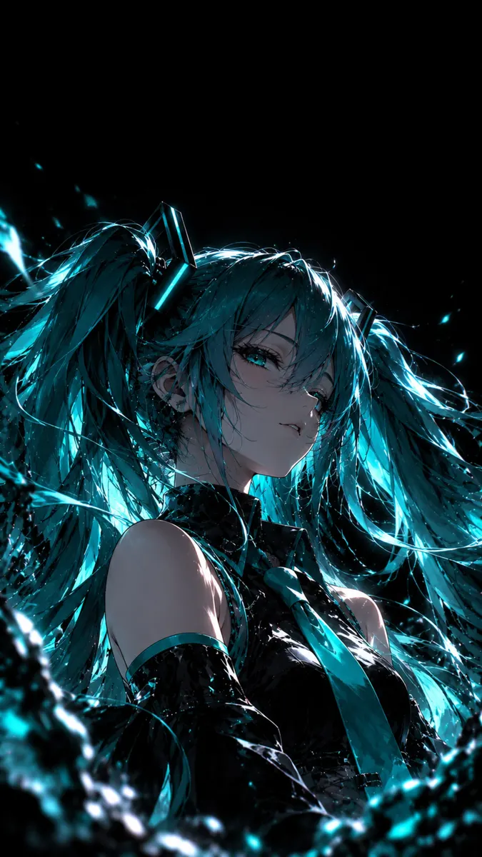 Hatsune Miku con largas coletas turquesas y partículas de luz azul brillante sobre un fondo oscuro.