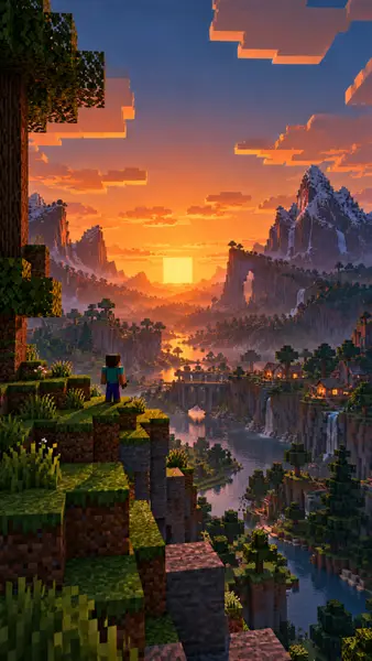 Minecraft Character Sunset Mountain Landscape Wallpaper