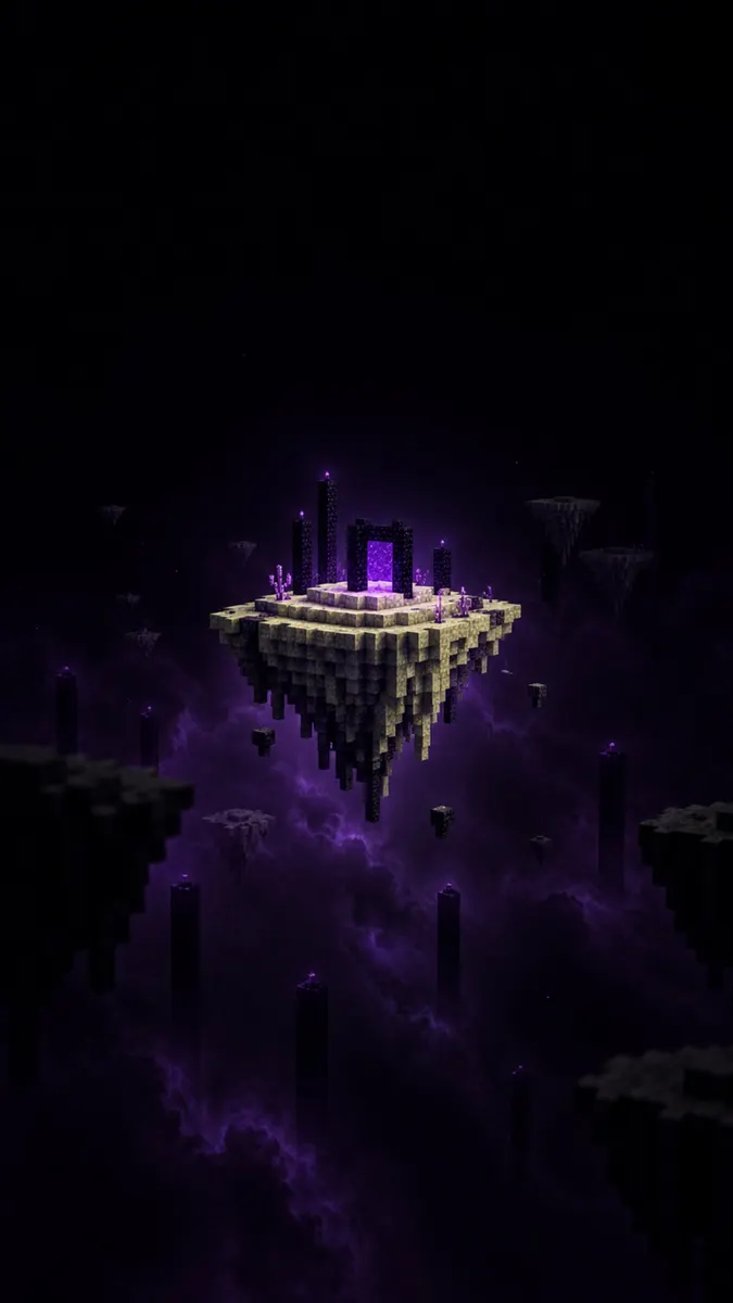 Блочный парящий остров в Minecraft со светящимся фиолетовым порталом в Энд, окруженным темной пустотой и столбами из обсидиана.