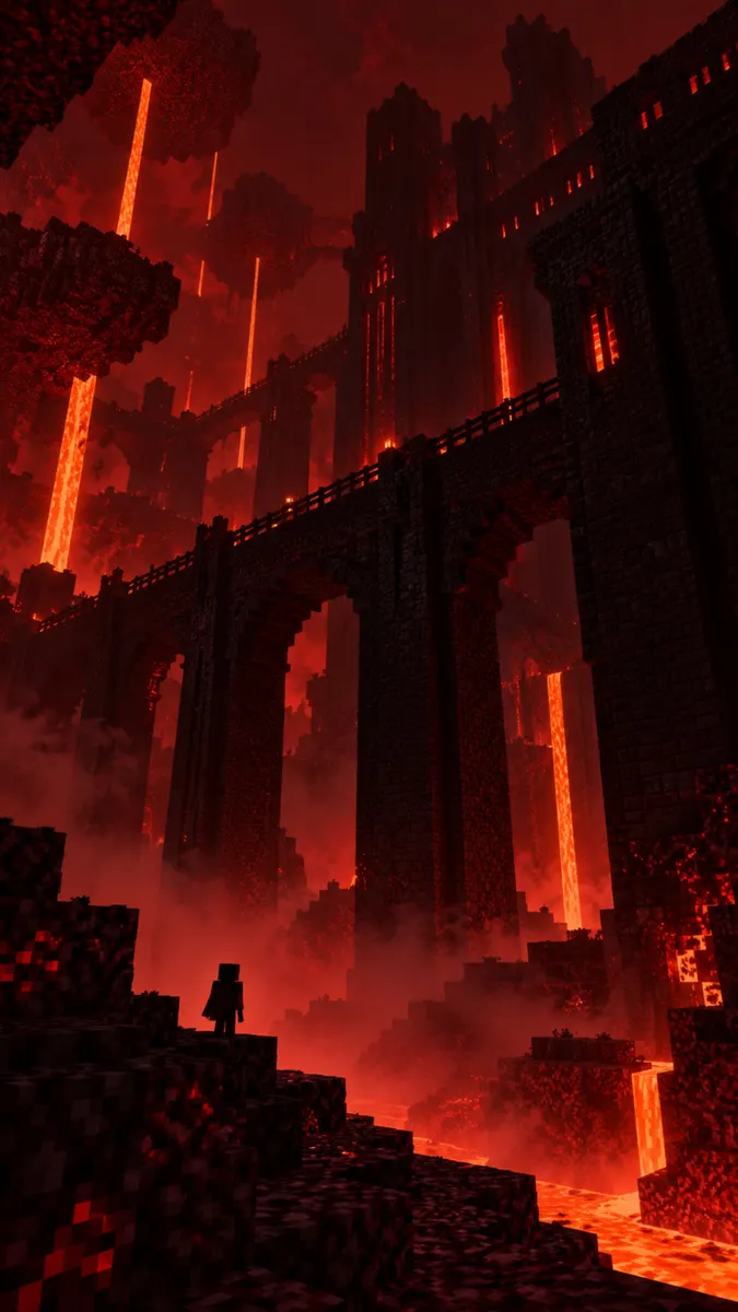 Karakter Minecraft kecil menatap benteng bata gelap yang menjulang tinggi dengan lava mengalir ke lanskap merah berkabut.