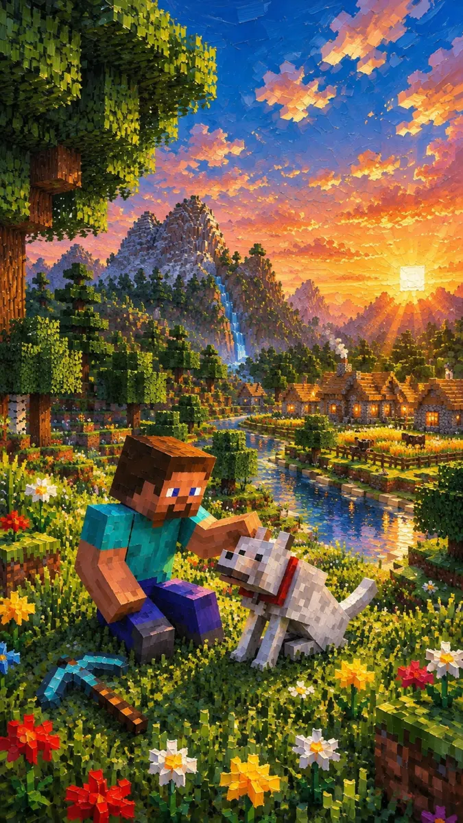 Стив из Minecraft на коленях на цветочном поле гладит белого волка с красным ошейником у реки и деревни на закате.