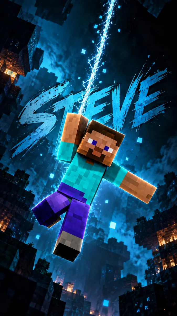 Minecraft Steve character floating against a dark blue background with a bright electric beam and the name Steve written in blue.