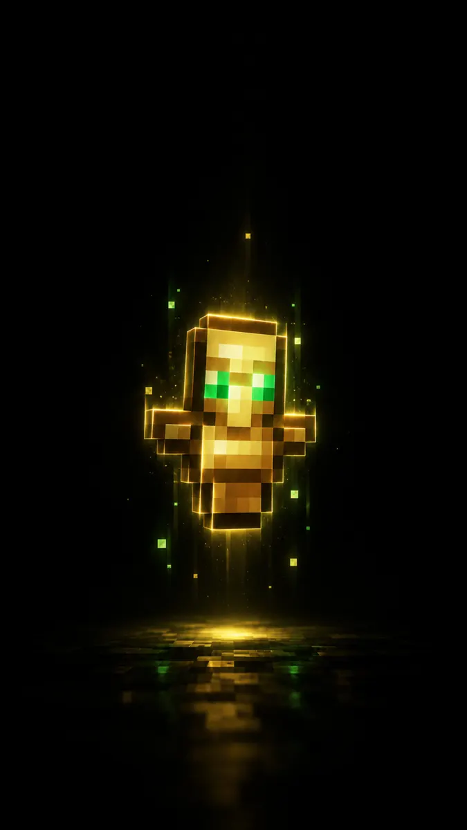 تمثال Totem of Undying ذهبي من Minecraft يطفو في الظلام مع عيون خضراء متوهجة وجسيمات ضوئية.