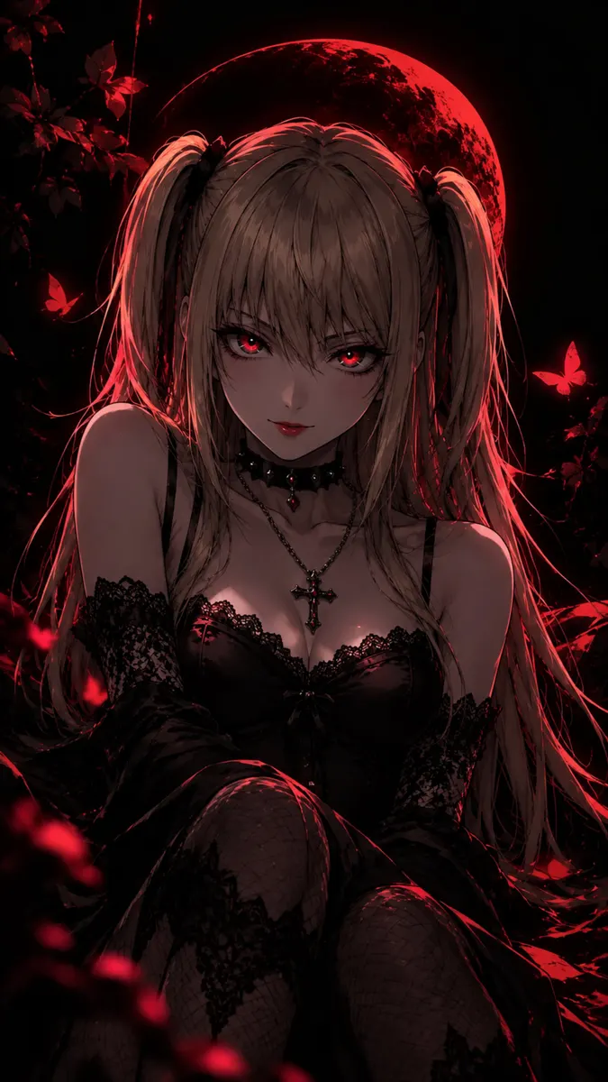Misa Amane met blonde staartjes en rode ogen in een zwarte kanten outfit tegen een donkere achtergrond met een gloeiende rode maan en vlinders.