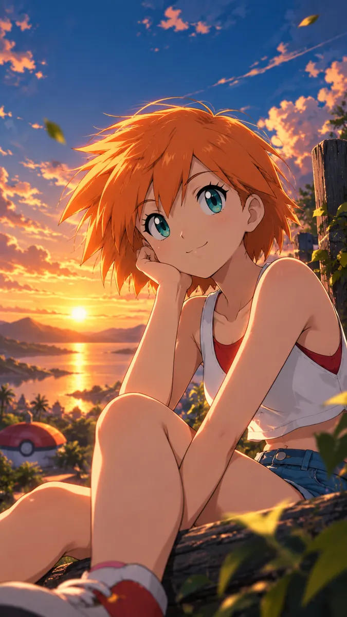 Misty dari Pokemon dengan rambut oranye pendek duduk di atas batang kayu selama matahari terbenam yang keemasan dengan Pokeball terlihat di dekatnya.
