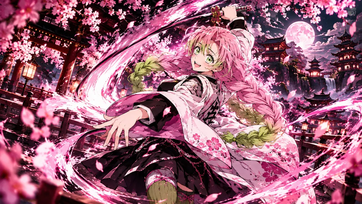 Mitsuri Kanroji mit rosa geflochtenem Haar lächelt, während sie nachts ein Schwert in einem Kirschblütenwald hält.