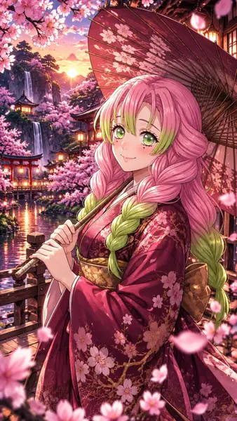 Mitsuri Kanroji mit rosa und grün geflochtenem Haar hält einen roten Sonnenschirm und trägt einen dunklen Blumen-Kimono in der Nähe eines Wasserfalls