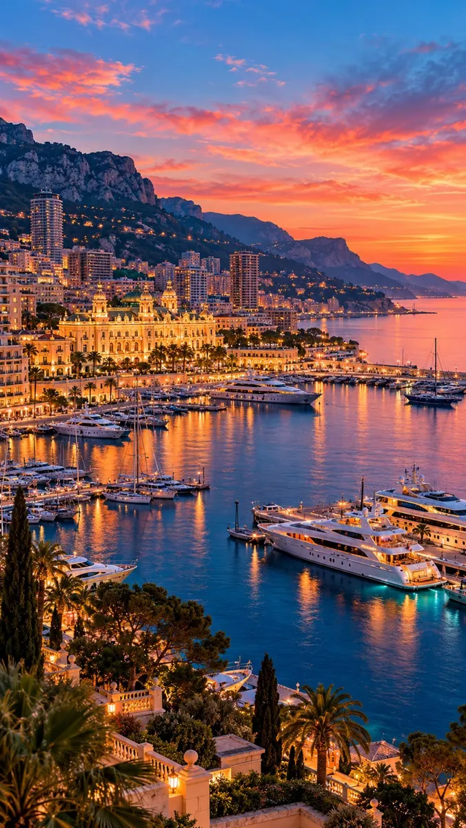 Yachts de luxe amarrés dans le port de Monaco au crépuscule avec les bâtiments de la ville et un ciel au coucher du soleil en arrière-plan