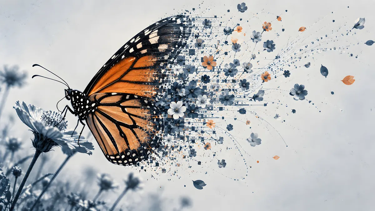 Ein Monarchfalter mit orangefarbenen und schwarzen Flügeln sitzt auf einer weißen Blume, wobei sich sein Flügel in kleine Blumen und Blütenblätter auflöst.
