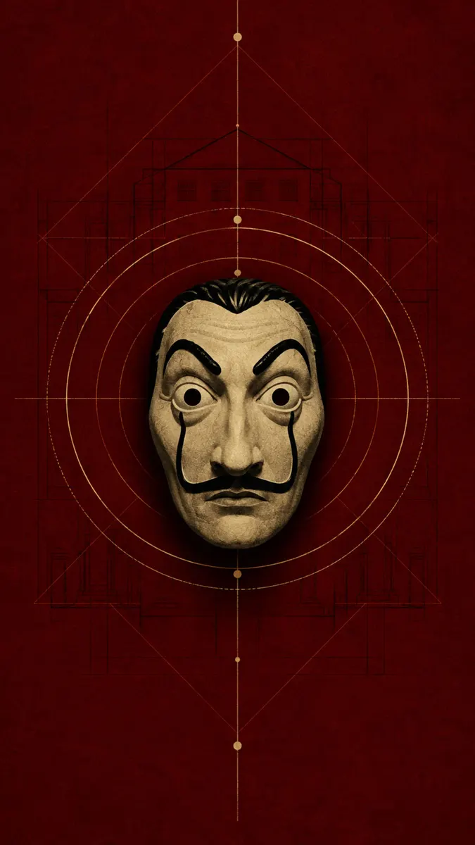Una máscara beige de Salvador Dalí de Money Heist centrada sobre un fondo rojo oscuro con finas líneas geométricas doradas y círculos.