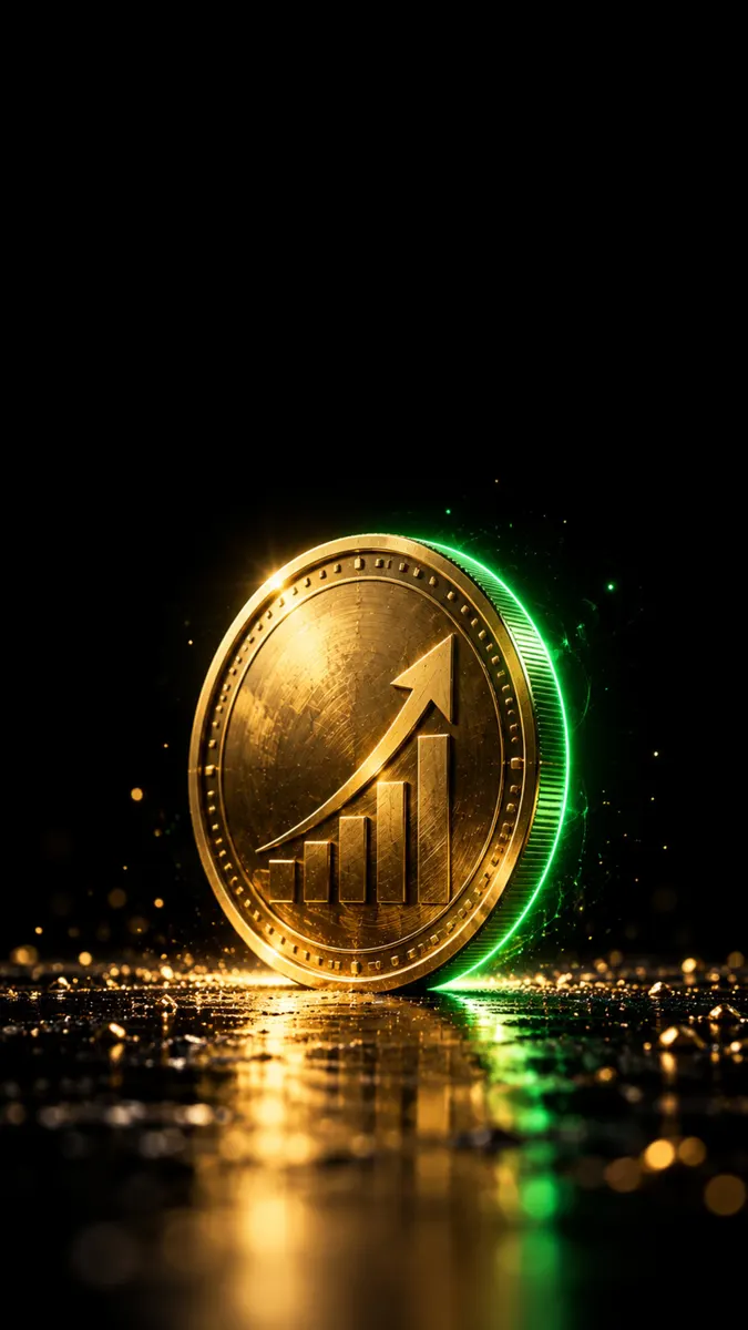 Una moneda de oro brillante con un gráfico de flecha ascendente grabado en la cara, brillando en verde en el borde contra un fondo negro.