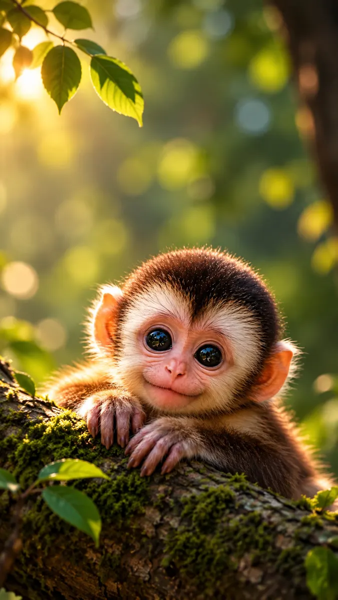 Um pequeno bebê macaco com pelo escuro e olhos grandes espiando por cima de um galho de árvore coberto de musgo em uma floresta.