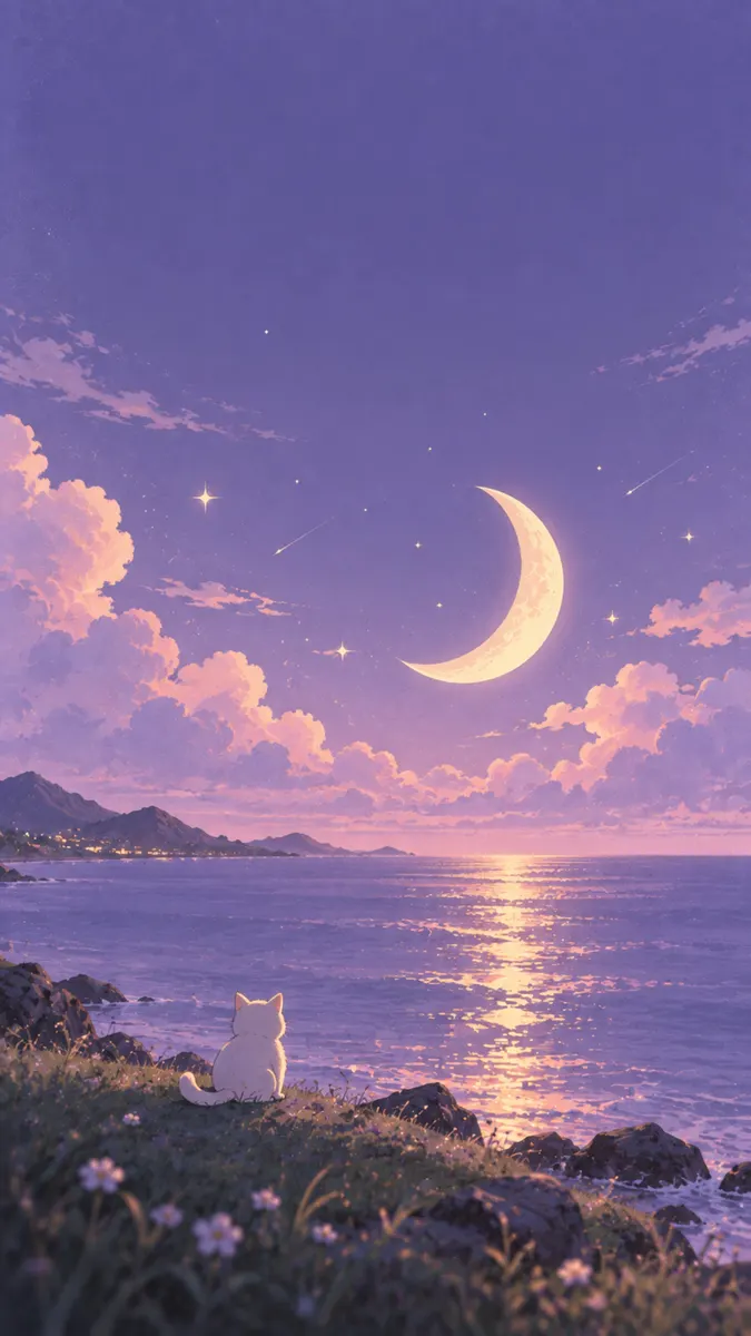 Un pequeño gato blanco sentado en el borde de un acantilado cubierto de hierba observando el océano bajo una gran luna creciente en un cielo púrpura.