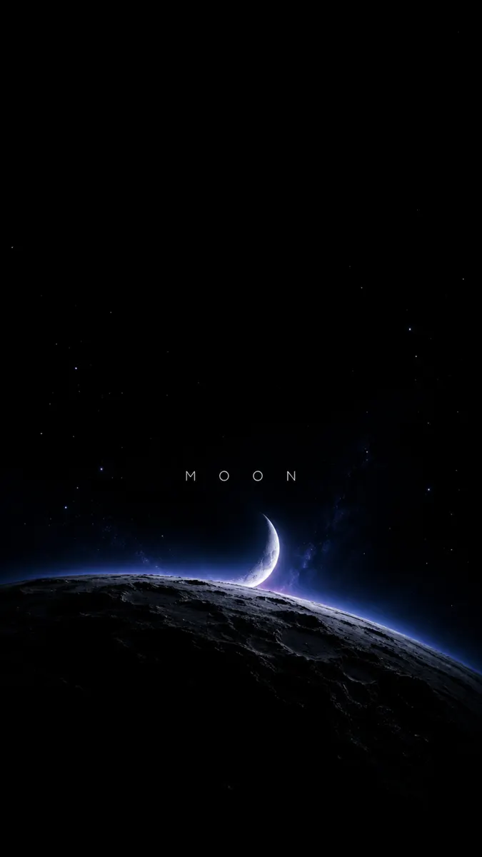 Un croissant de lune brillant est suspendu au-dessus de la surface sombre et texturée de la lune dans l'espace lointain avec des étoiles visibles en arrière-plan.