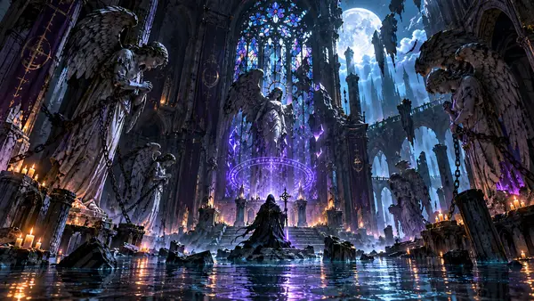 Una figura encapuchada arrodillada en una catedral gótica inundada con estatuas de ángeles de piedra, vitrales y una gran luna en el cielo.