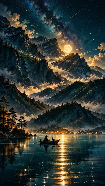 Лодка на горном озере в лунном свете Обои wallpaper