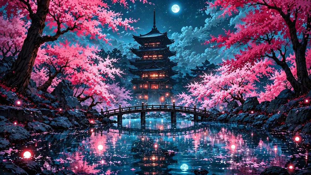 Una pagoda japonesa tradicional brillando por la noche con árboles de cerezo en flor de brillante reflejándose en un estanque tranquilo bajo la luna llena.