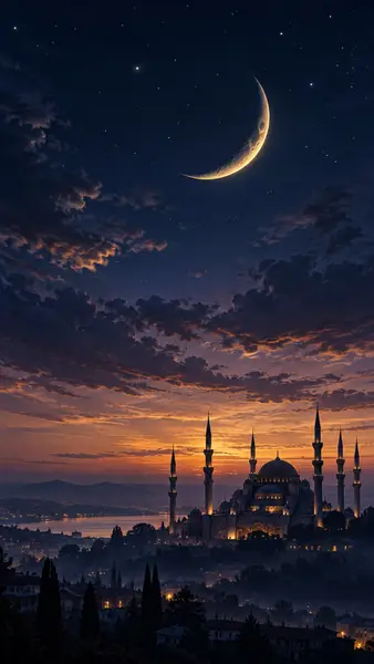 Mosque Crescent Moon Night Sky Wallpaper