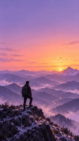 Seorang pendaki dengan ransel berdiri di punggung gunung berbatu dan bersalju menghadap lembah berkabut saat matahari terbit