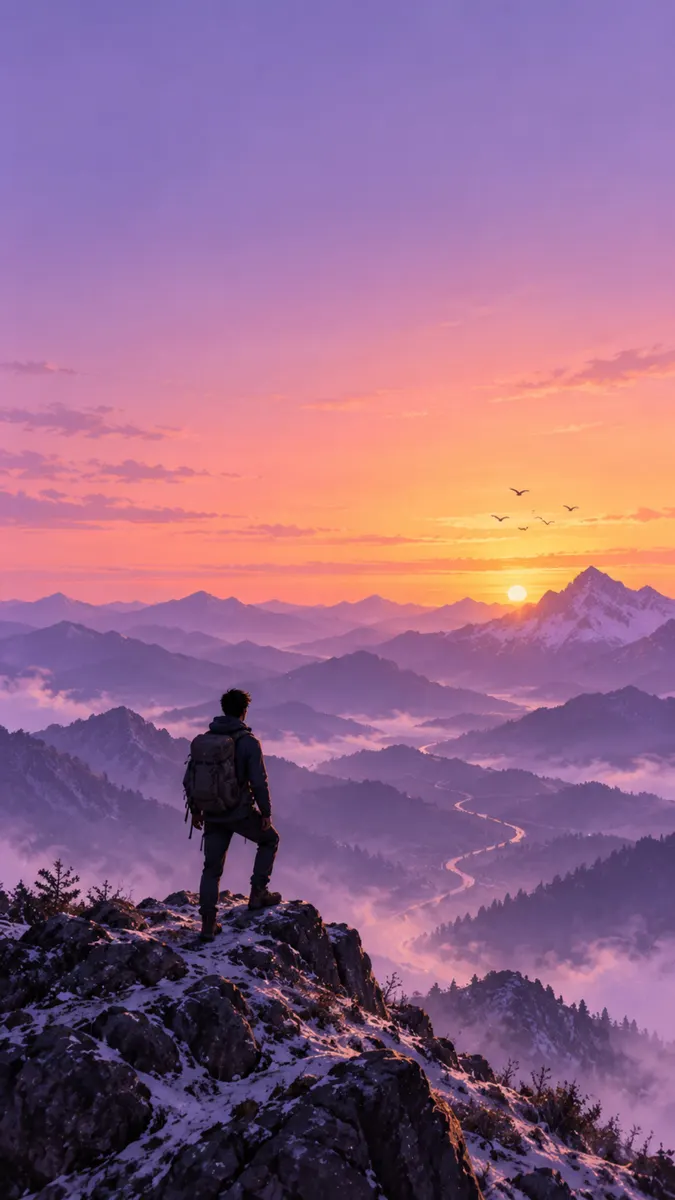Un excursionista con mochila de pie sobre una cresta montañosa rocosa y nevada con vistas a un valle brumoso al amanecer